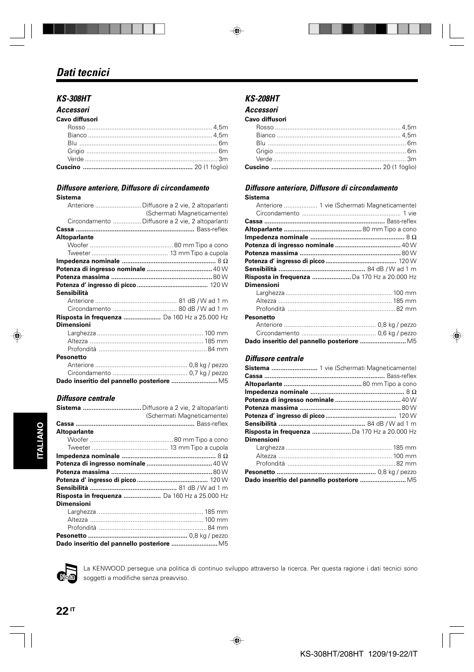 Dati tecnici, Ks-308ht, Ks-208ht | Kenwood KS-208HT User Manual | Page 22 / 28