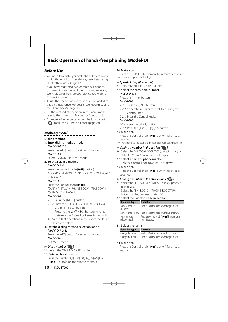 Basic operation of hands-free phoning (model-d), Before use, Making a call | Kenwood KCA-BT200 User Manual | Page 10 / 80