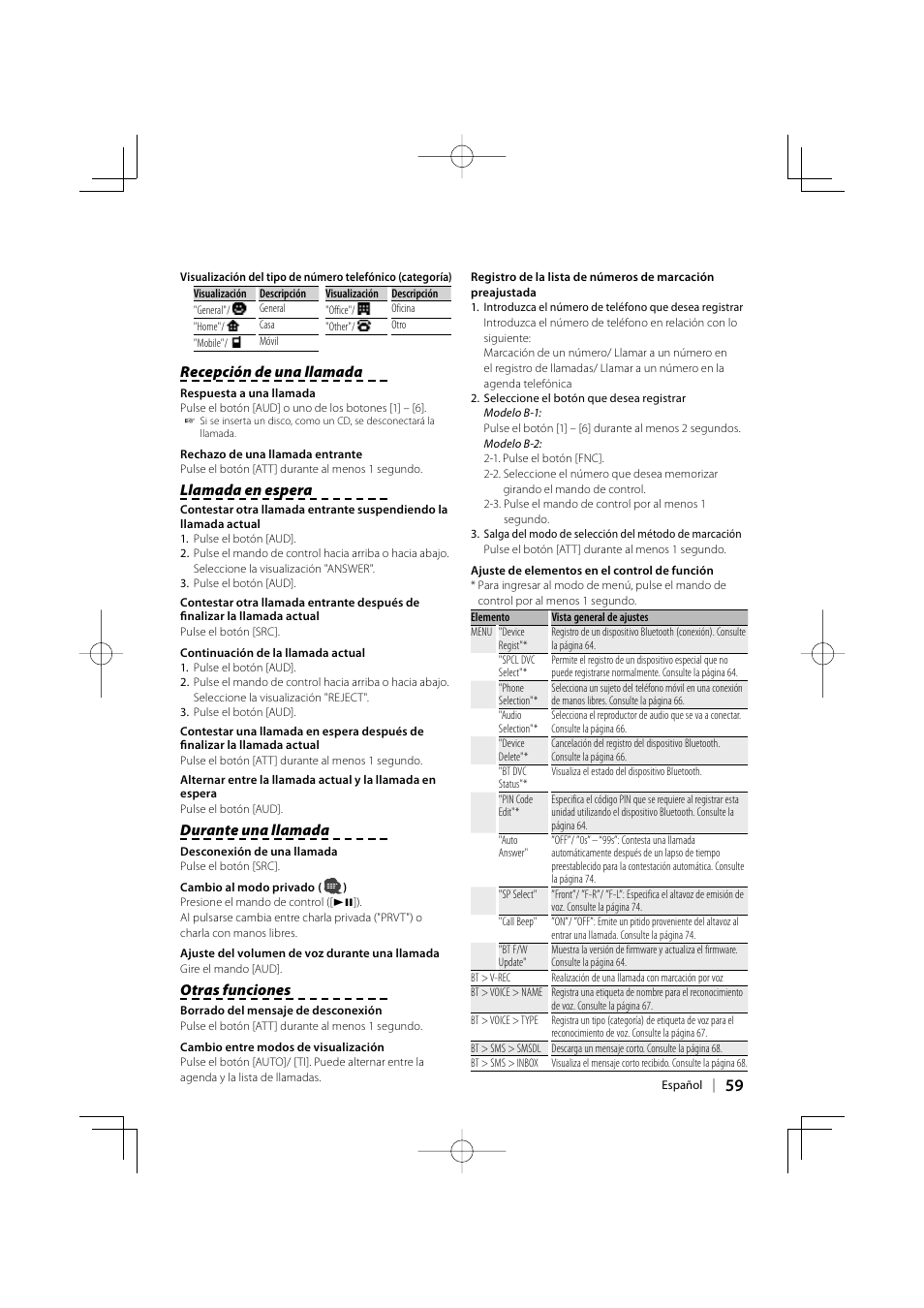 Recepción de una llamada, Llamada en espera, Durante una llamada | Otras funciones | Kenwood KCA-BT200 User Manual | Page 59 / 80