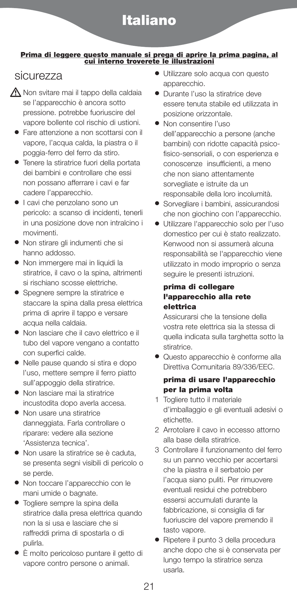 Italiano, Sicurezza | Kenwood IC400 Series User Manual | Page 23 / 90