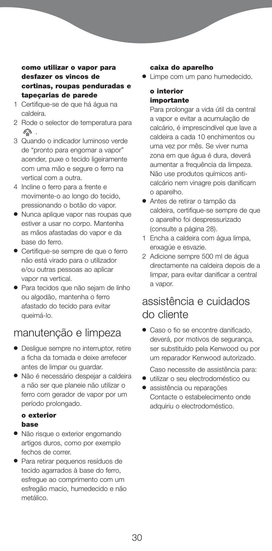 Manutenção e limpeza, Assistência e cuidados do cliente | Kenwood IC400 Series User Manual | Page 32 / 90