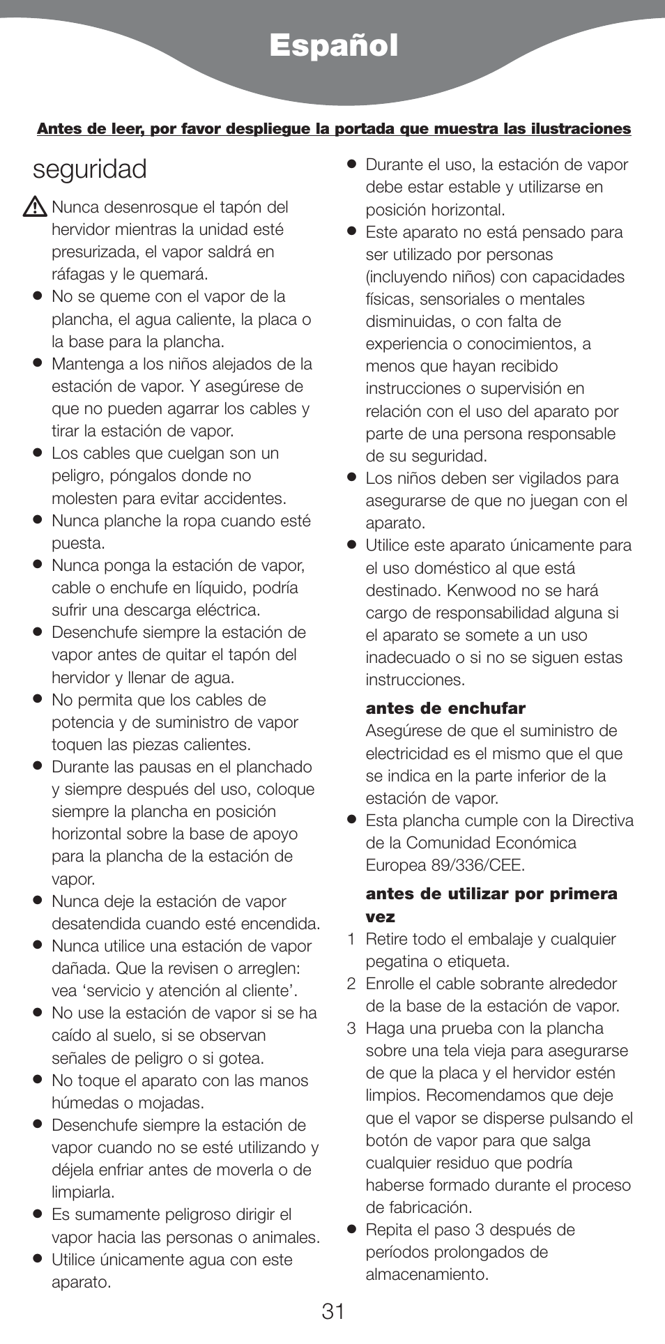Español, Seguridad | Kenwood IC400 Series User Manual | Page 33 / 90