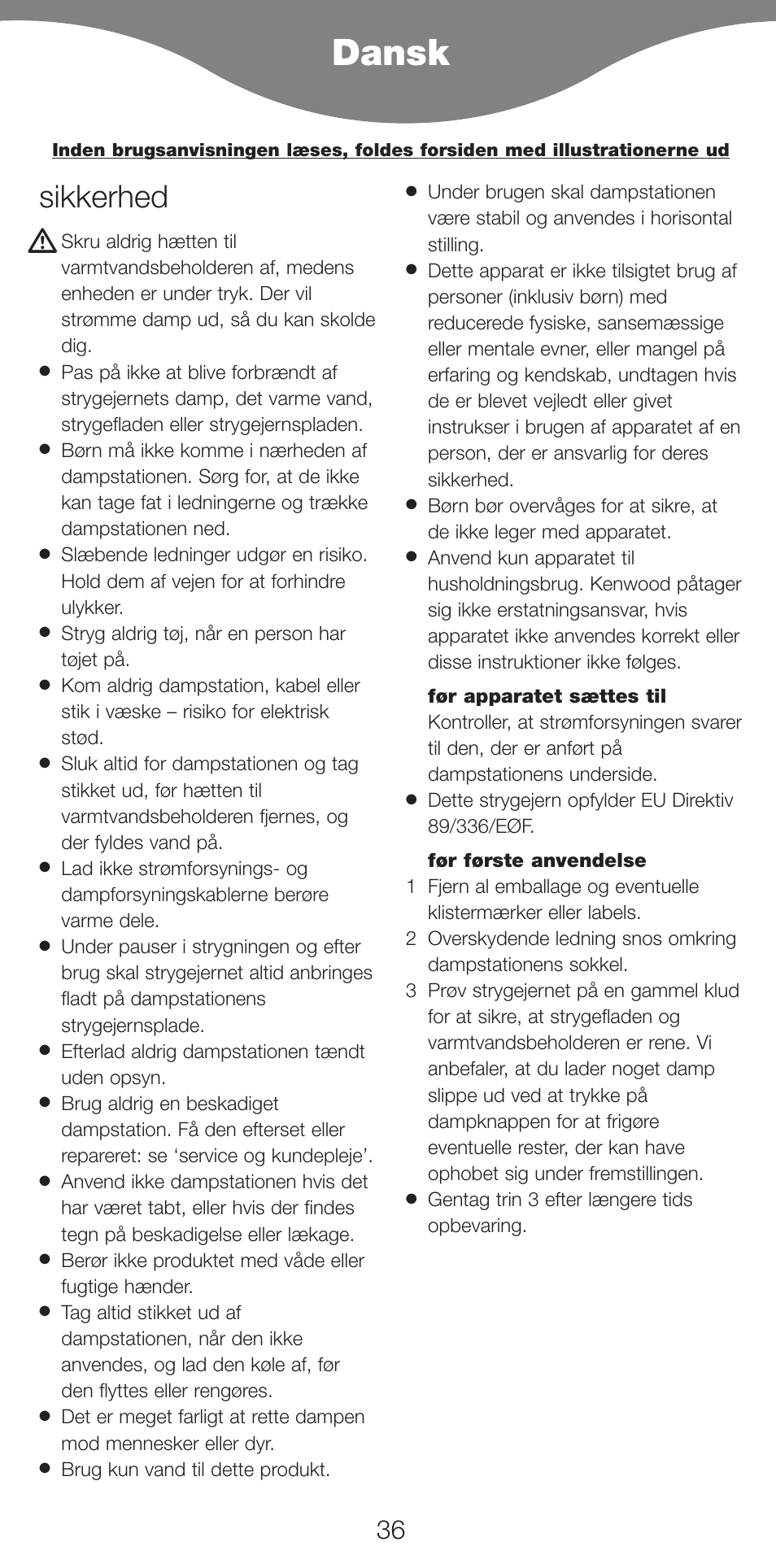 Dansk, Sikkerhed | Kenwood IC400 Series User Manual | Page 38 / 90