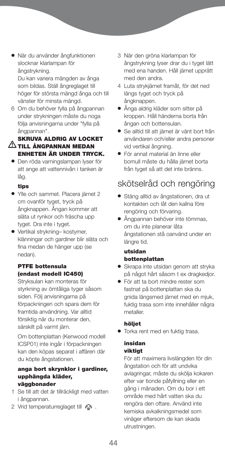 Skötselråd och rengöring | Kenwood IC400 Series User Manual | Page 46 / 90