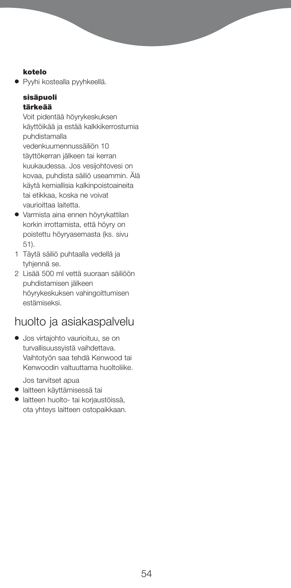 Huolto ja asiakaspalvelu | Kenwood IC400 Series User Manual | Page 56 / 90