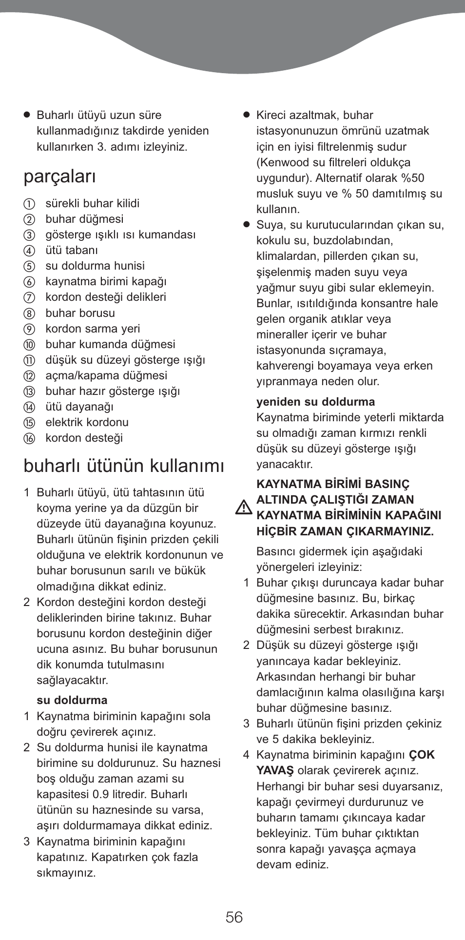 Parçaları, Buharlı ütünün kullanımı | Kenwood IC400 Series User Manual | Page 58 / 90