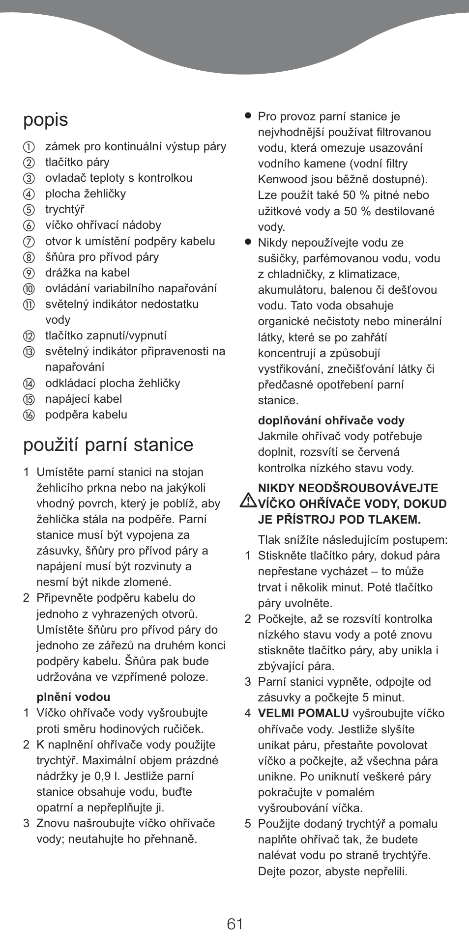 Popis, Použití parní stanice | Kenwood IC400 Series User Manual | Page 63 / 90