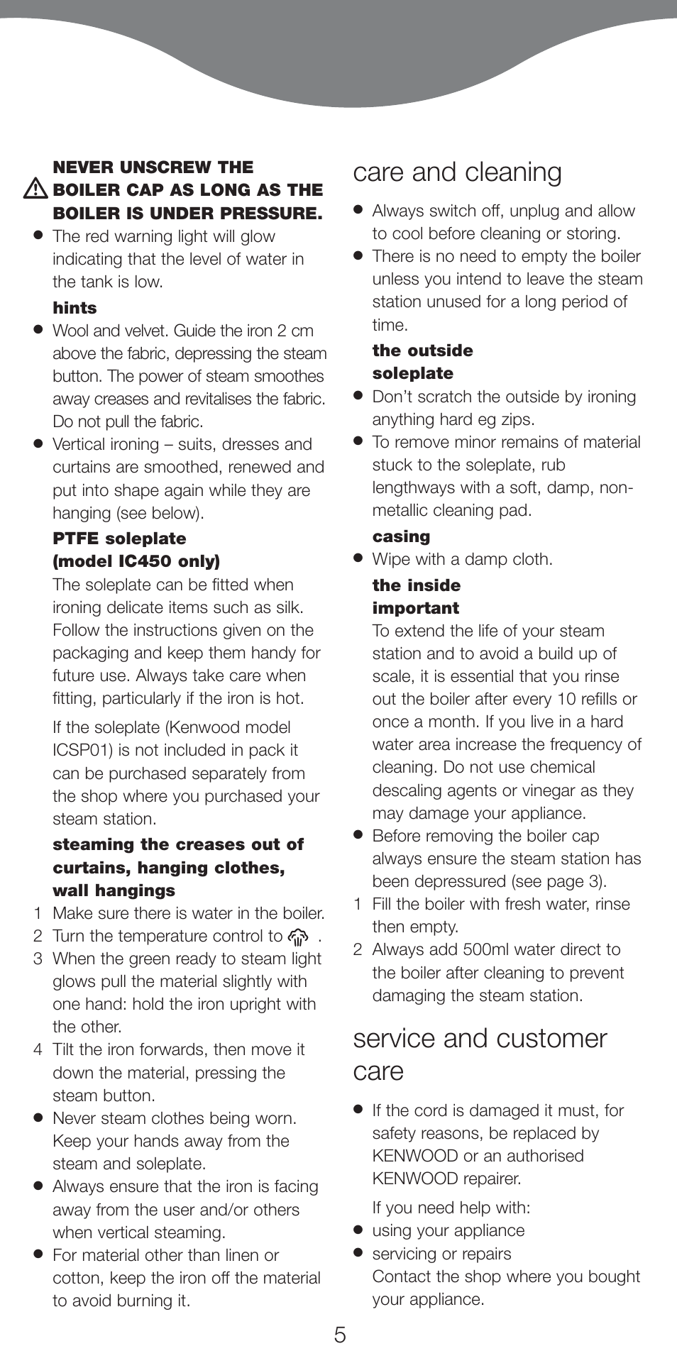 Care and cleaning, Service and customer care | Kenwood IC400 Series User Manual | Page 7 / 90