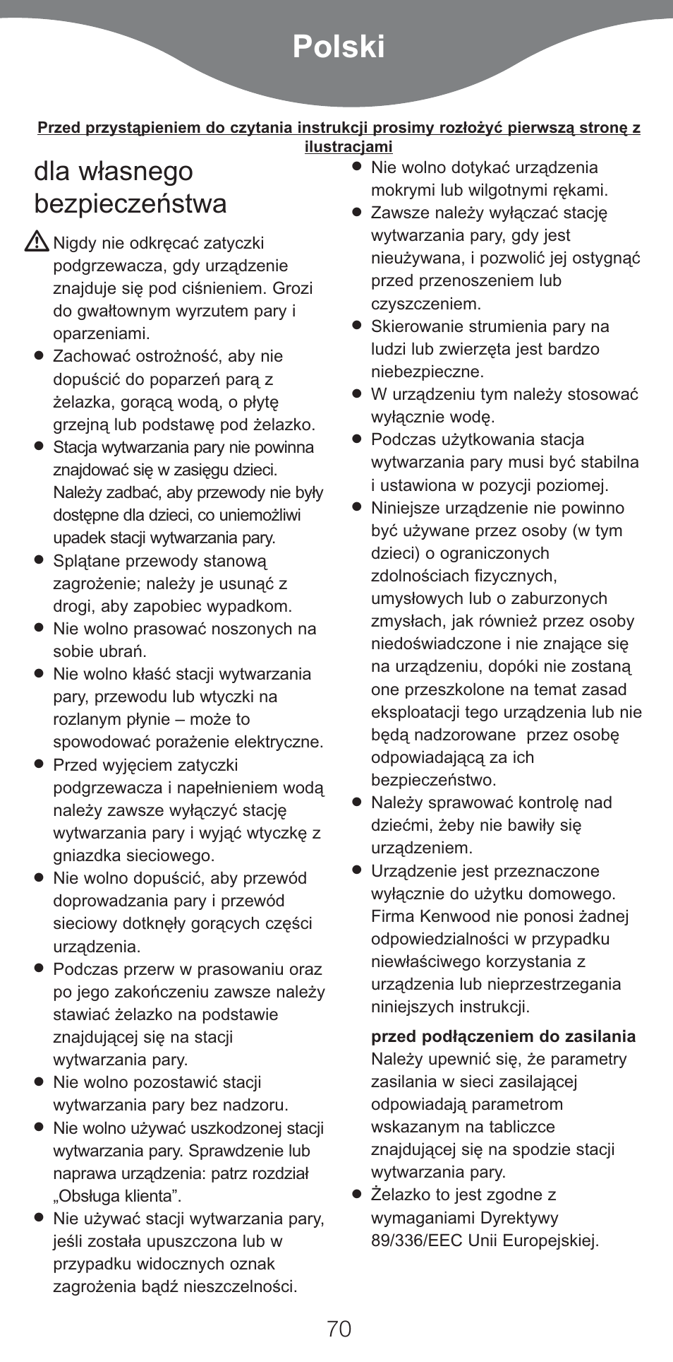 Polski, Dla w¢asnego bezpieczeæstwa | Kenwood IC400 Series User Manual | Page 72 / 90