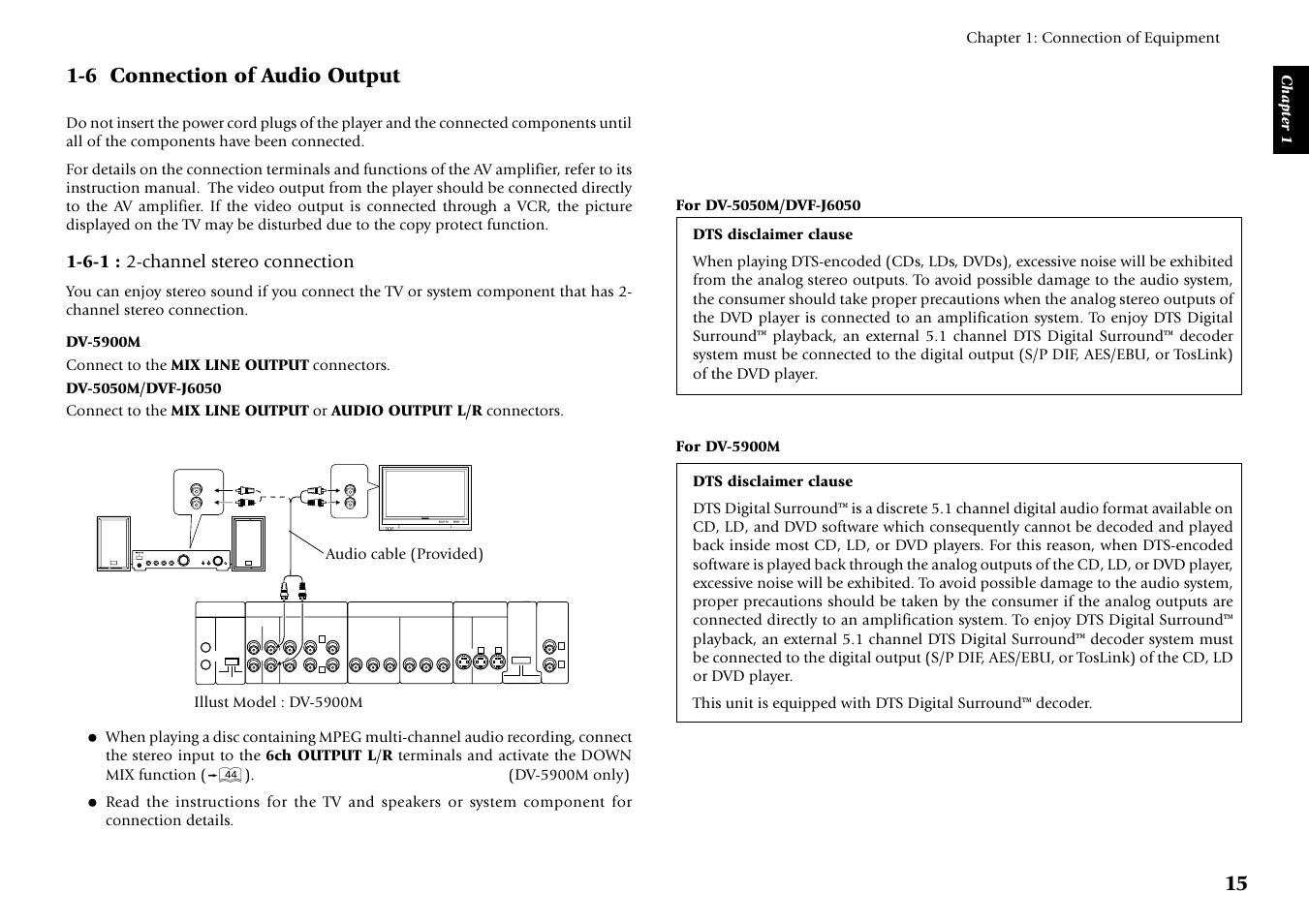 6 connection of audio output, 6-1 : 2-channel stereo connection | Kenwood DV-5900M User Manual | Page 15 / 96