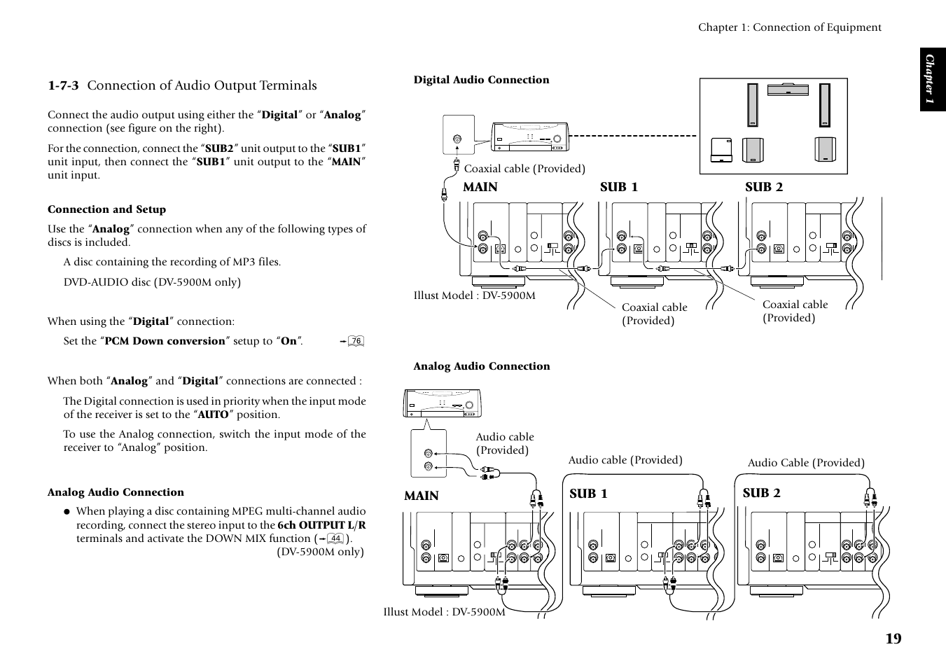 Main sub 2 sub 1, 7-3 connection of audio output terminals, Illust model : dv-5900m | Coaxial cable (provided), Analog audio connection, Coaxial cable (provided) digital audio connection | Kenwood DV-5900M User Manual | Page 19 / 96