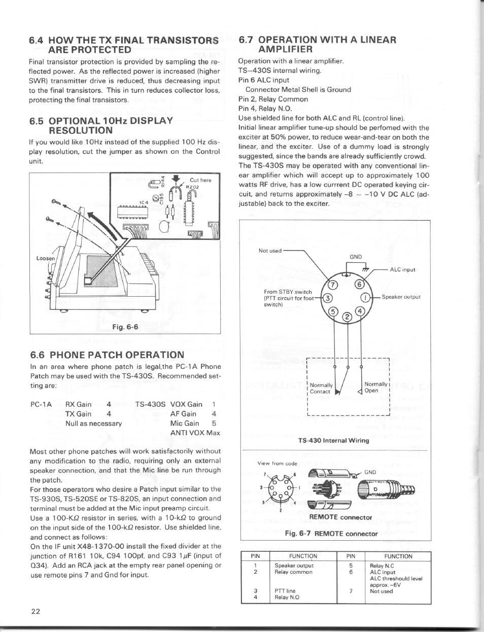 4 how the tx final transistors are protected, 5 optional 10hz display resolution, 6 phone patch operation | 7 operation with a linear amplifier | Kenwood TS-430S User Manual | Page 22 / 38