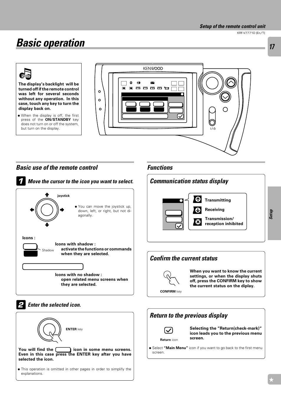Basic operation, Basic use of the remote control, Functions communication status display | Confirm the current status, Return to the previous display, Move the cursor to the icon you want to select, Enter the selected icon, Setup of the remote control unit, Custom setup, Syes | Kenwood KRF-V7771D User Manual | Page 17 / 56