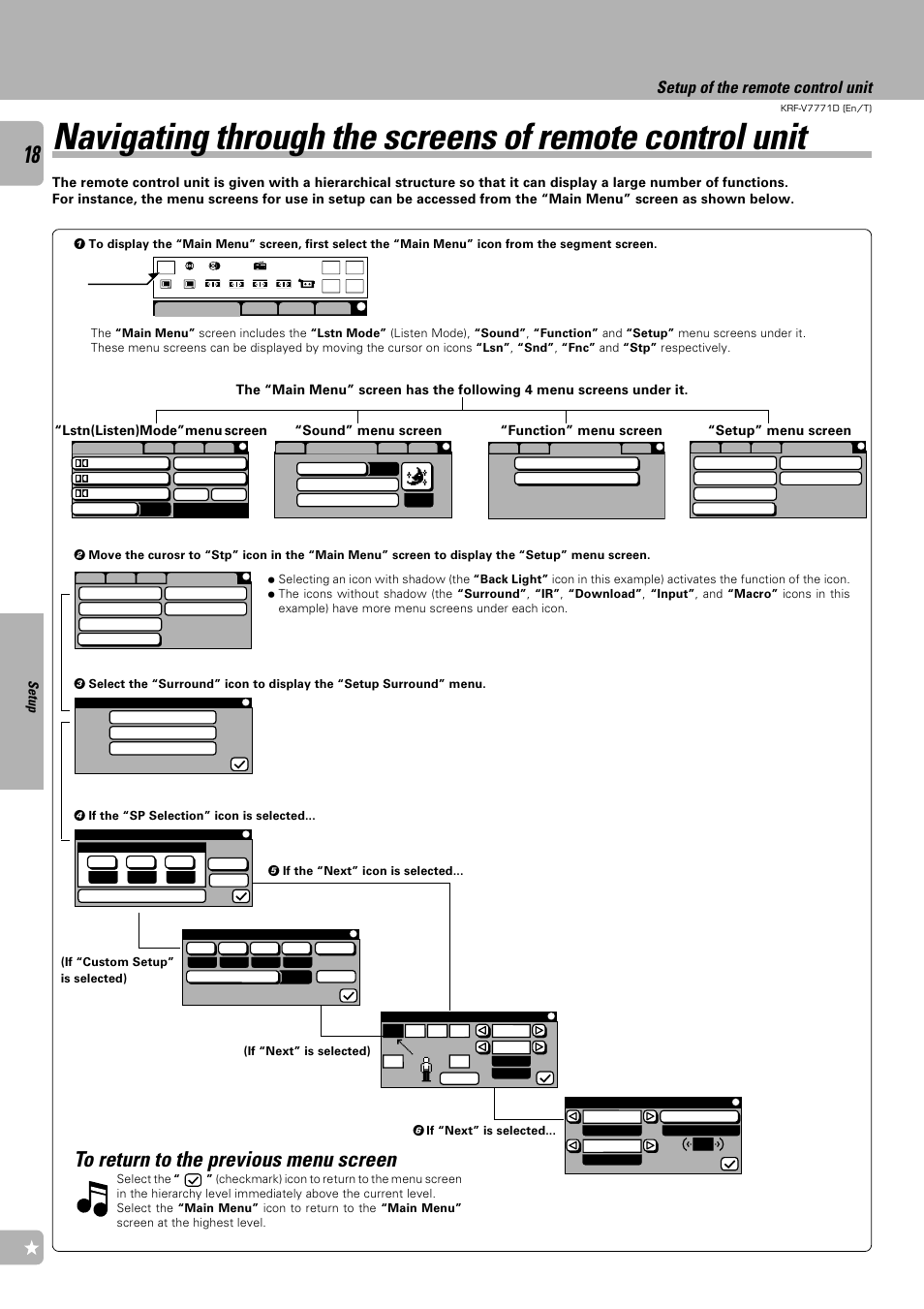 Setup of the remote control unit, Main menu | Kenwood KRF-V7771D User Manual | Page 18 / 56