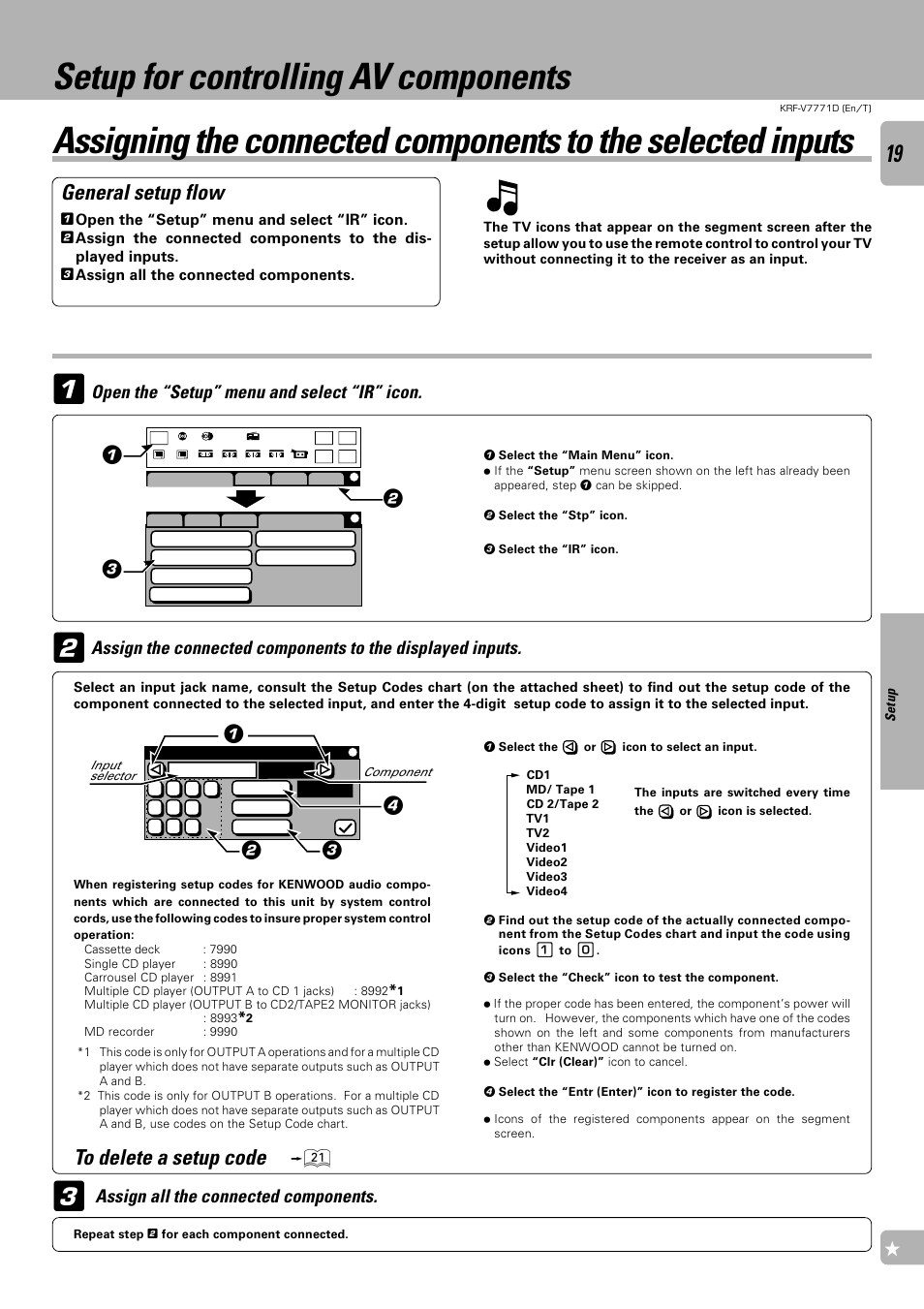 Setup for controlling av components, General setup flow, Open the “setup” menu and select “ir” icon | Assign all the connected components | Kenwood KRF-V7771D User Manual | Page 19 / 56