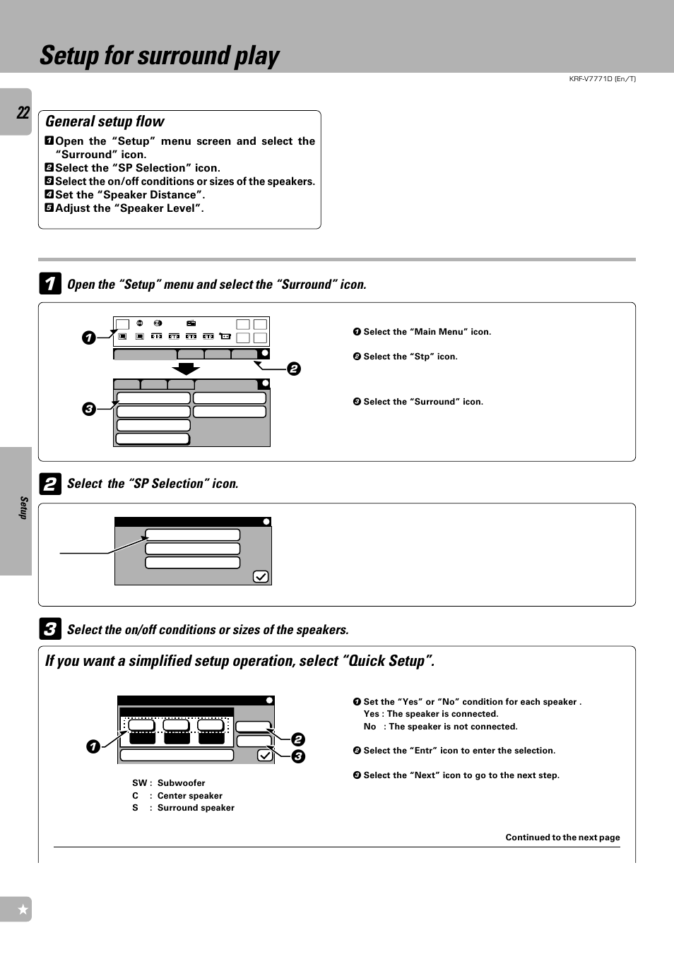 Setup for surround play, General setup flow | Kenwood KRF-V7771D User Manual | Page 22 / 56