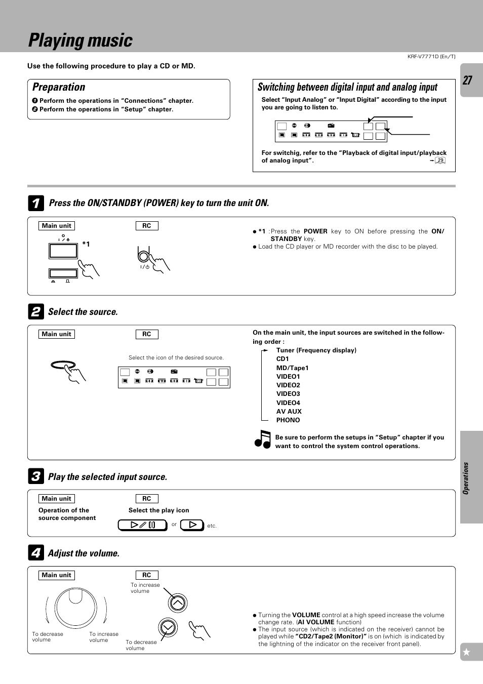 Playing music, Preparation, Switching between digital input and analog input | Select the source, Adjust the volume, Play the selected input source | Kenwood KRF-V7771D User Manual | Page 27 / 56