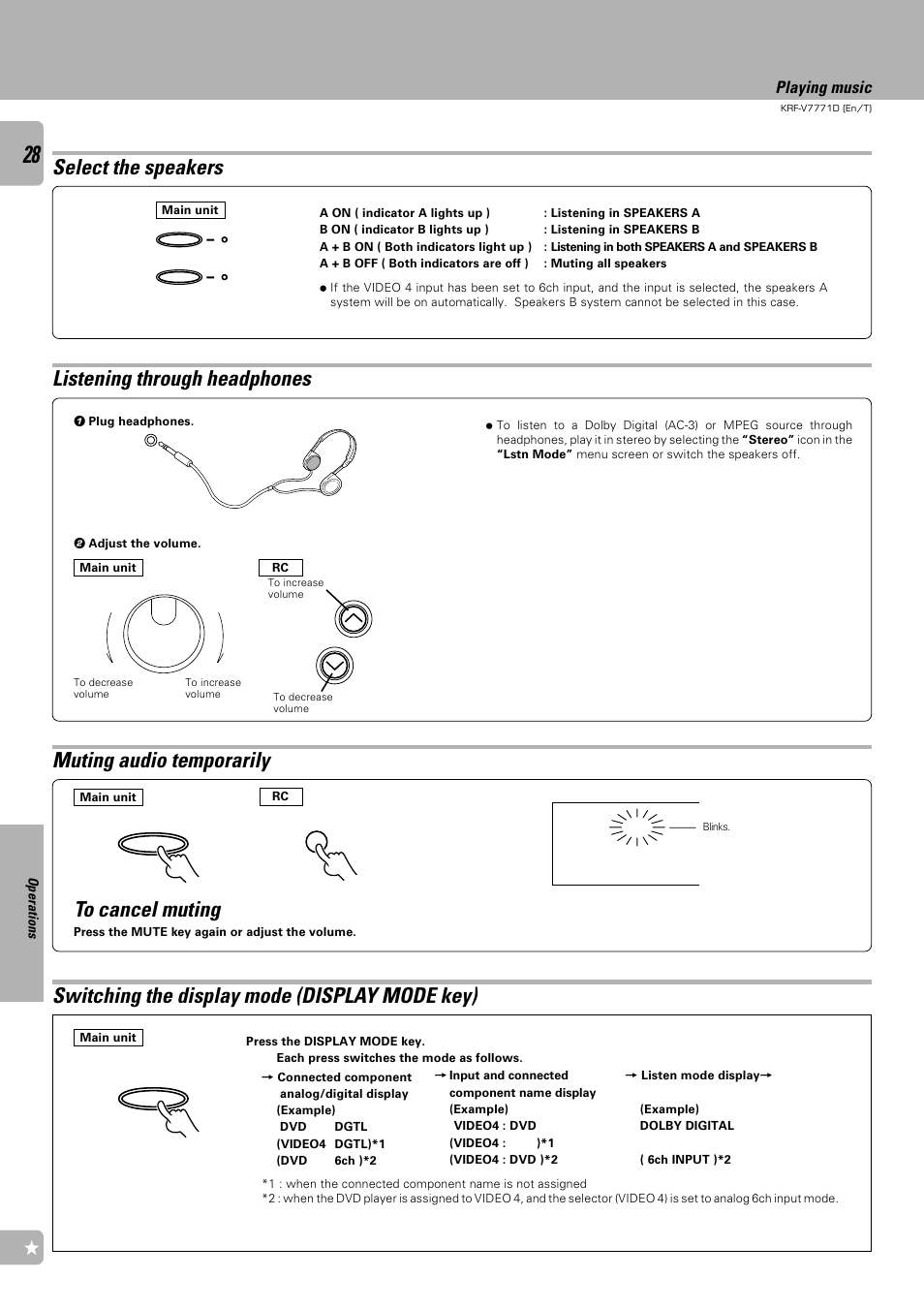 Listening through headphones, Muting audio temporarily, Select the speakers | Switching the display mode (display mode key), Playing music | Kenwood KRF-V7771D User Manual | Page 28 / 56