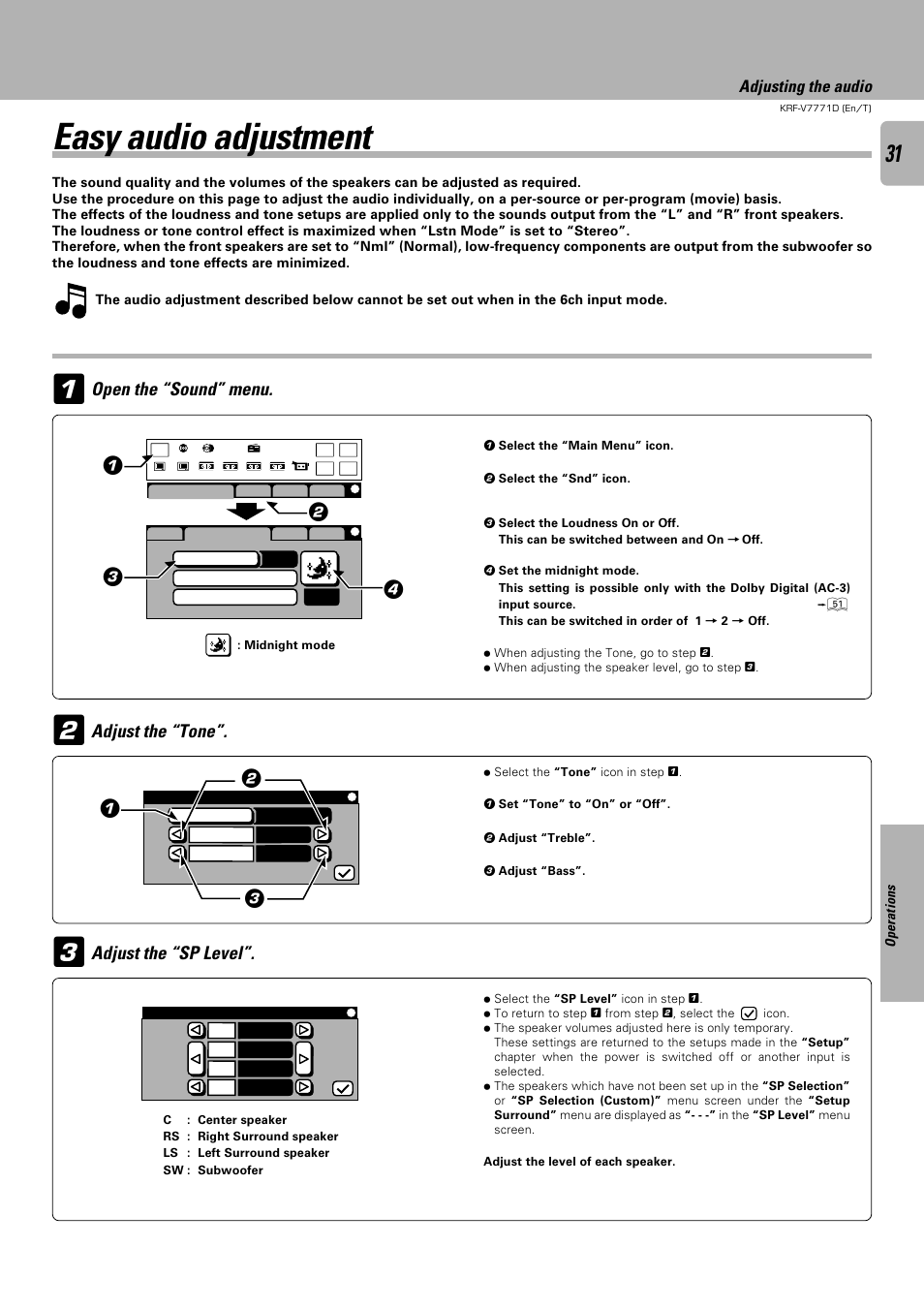 Easy audio adjustment, Adjust the “tone”. adjust the “sp level, Open the “sound” menu | Adjusting the audio | Kenwood KRF-V7771D User Manual | Page 31 / 56