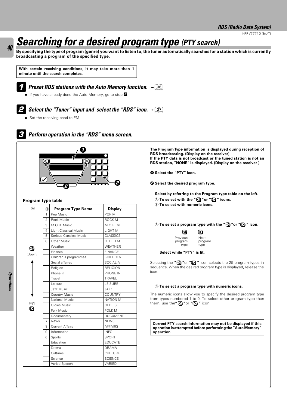 Searching for a desired program type (pty search), Searching for a desired program type, Pty search) | Select the “tuner” input and select the “rds” icon, Perform operation in the “rds” menu screen, Rds (radio data system) | Kenwood KRF-V7771D User Manual | Page 40 / 56