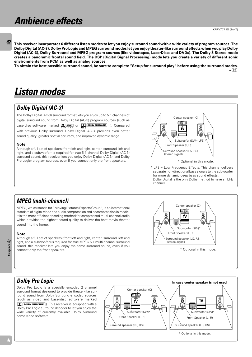 Ambience effects, Listen modes, Dolby digital (ac-3) | Mpeg (multi-channel), Dolby pro logic | Kenwood KRF-V7771D User Manual | Page 42 / 56