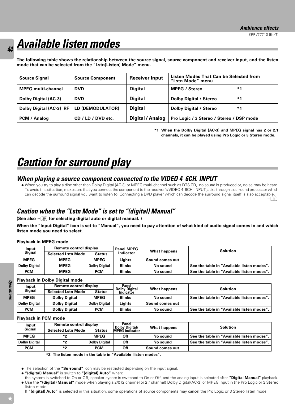 Available listen modes, Caution for surround play, Ambience effects | Kenwood KRF-V7771D User Manual | Page 44 / 56