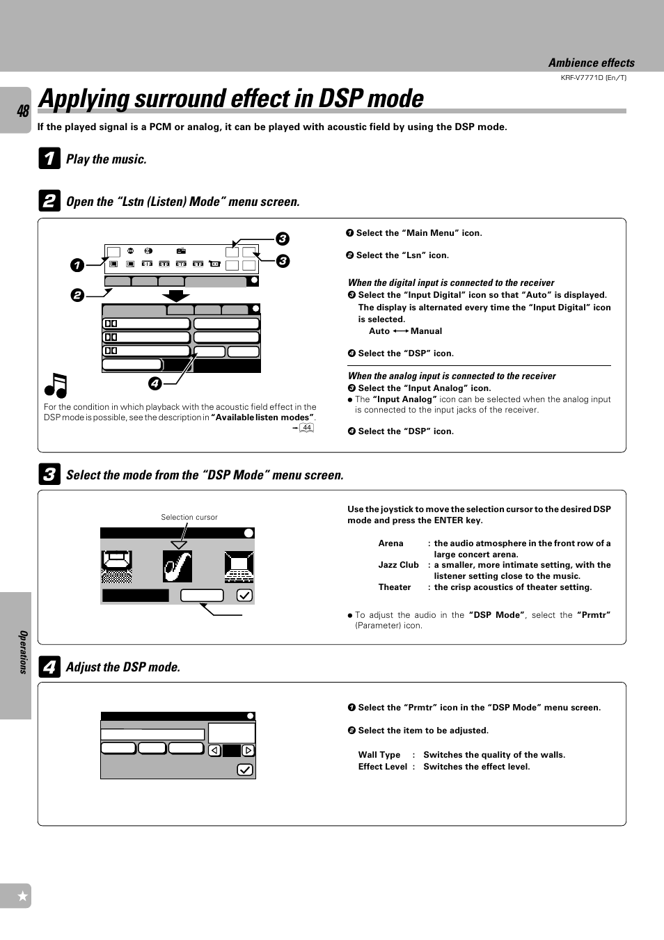 Applying surround effect in dsp mode, Open the “lstn (listen) mode” menu screen, Play the music | Ambience effects | Kenwood KRF-V7771D User Manual | Page 48 / 56