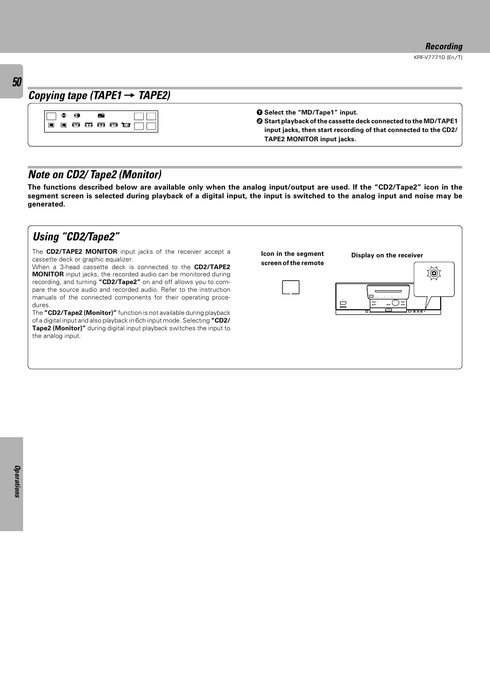 Copying tape (tape1, Tape2), Using “cd2/tape2 | Recording, Operations | Kenwood KRF-V7771D User Manual | Page 50 / 56