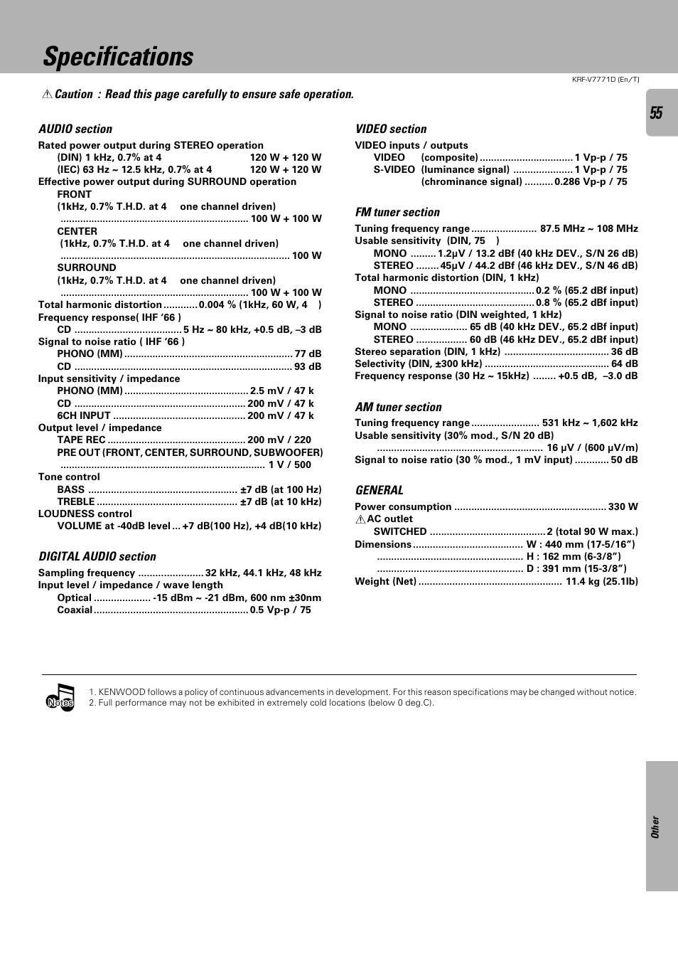 Specifications | Kenwood KRF-V7771D User Manual | Page 55 / 56