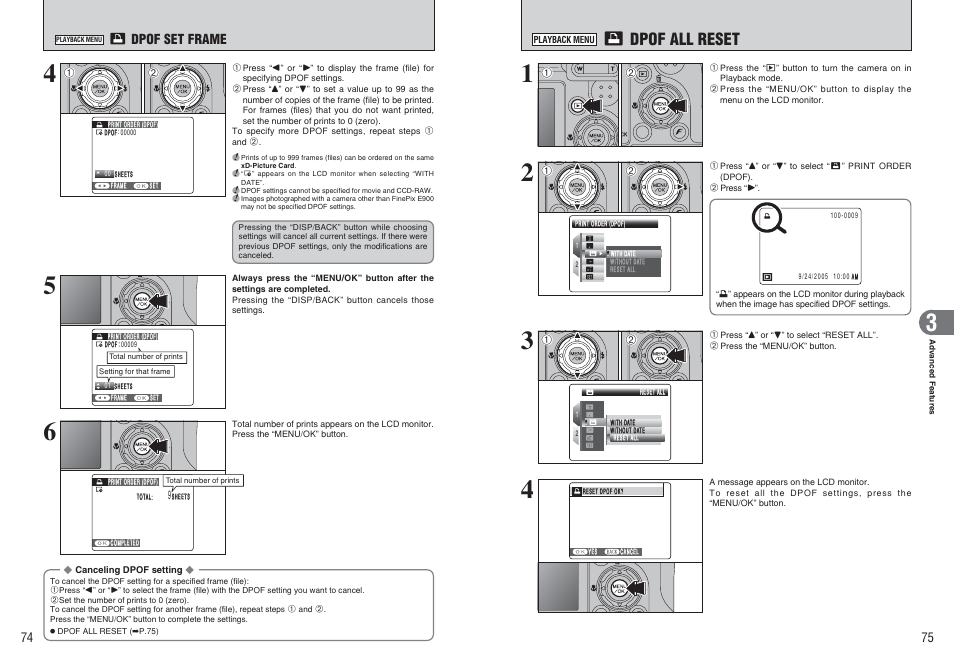 Dpof all reset, Dpof set frame | FujiFilm FinePix E900 User Manual | Page 38 / 69