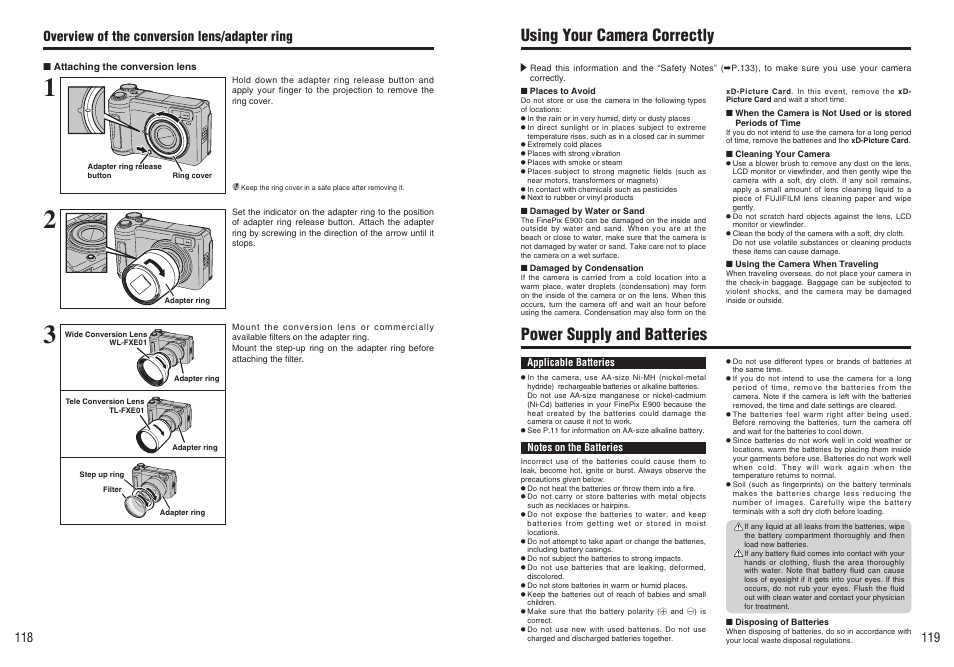 Using your camera correctly, Power supply and batteries, Overview of the conversion lens/adapter ring | FujiFilm FinePix E900 User Manual | Page 60 / 69