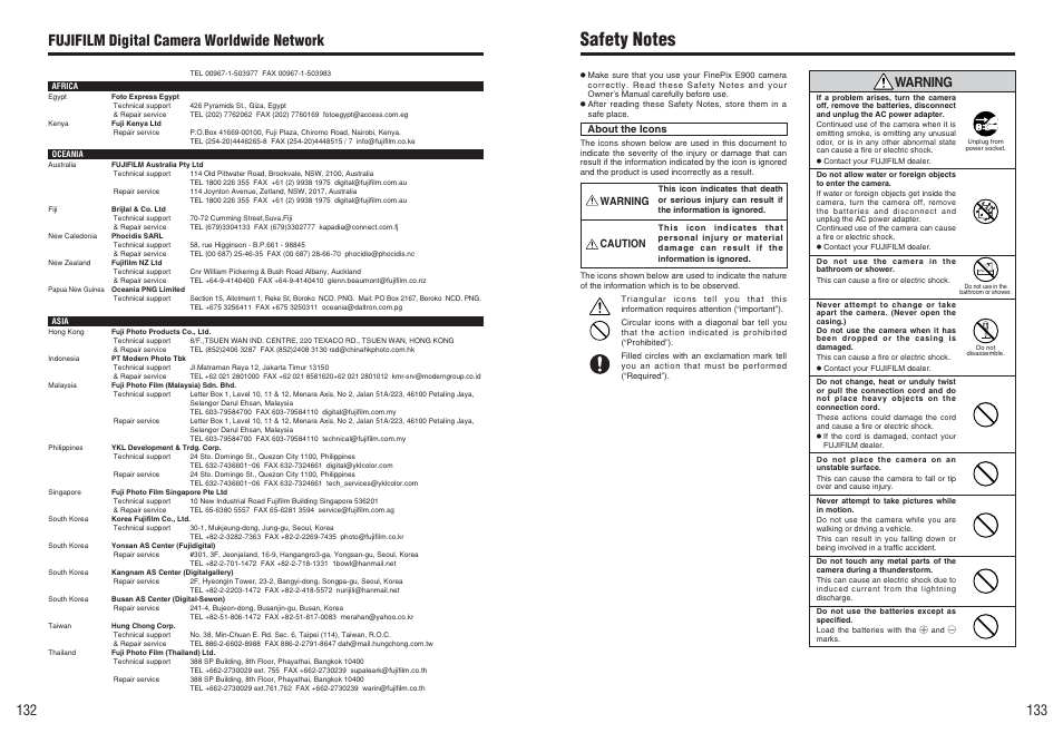 Fujifilm digital camera worldwide network, Warning, Caution | FujiFilm FinePix E900 User Manual | Page 67 / 69