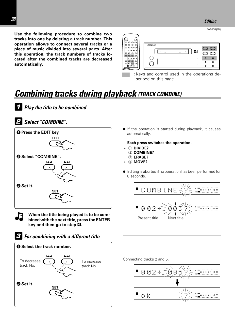 Combining tracks during playback, Track combine), Play the title to be combined | For combining with a different title, Select “combine | Kenwood DM-SG7 User Manual | Page 38 / 52