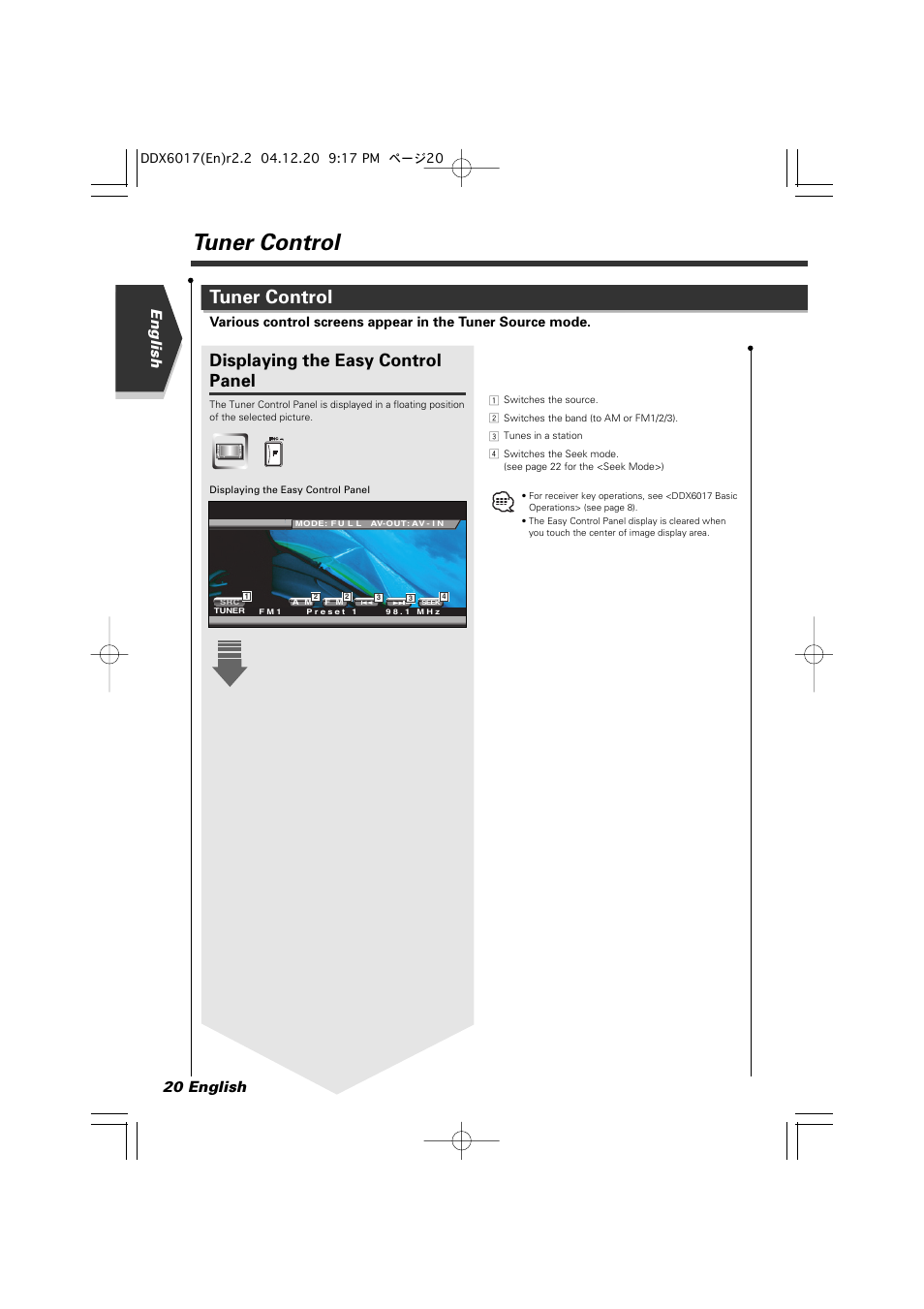 Tuner control, Displaying the easy control panel, English 20 english | Kenwood DDX6017 User Manual | Page 20 / 92