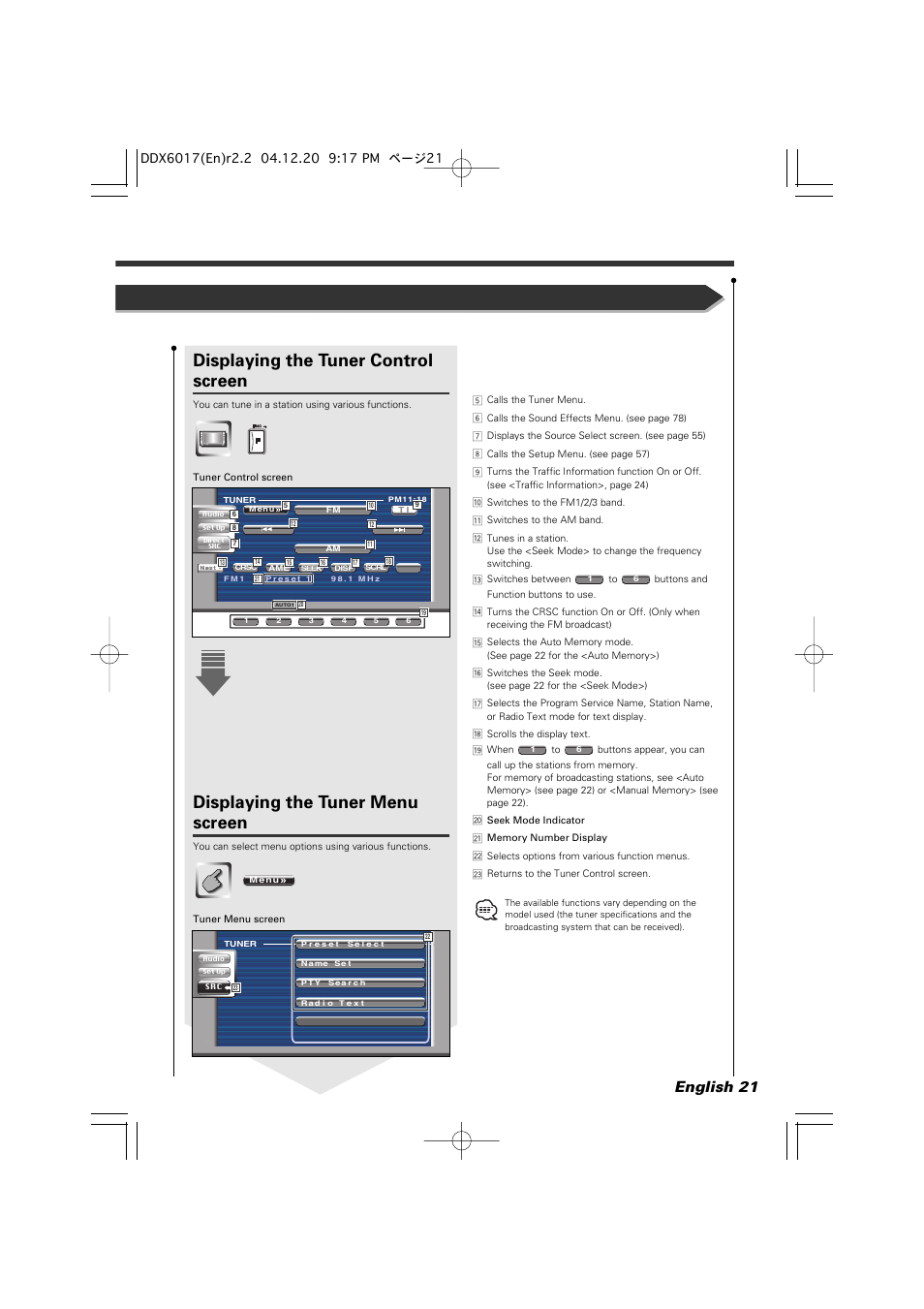 Displaying the tuner control screen, Displaying the tuner menu screen, English 21 | Kenwood DDX6017 User Manual | Page 21 / 92