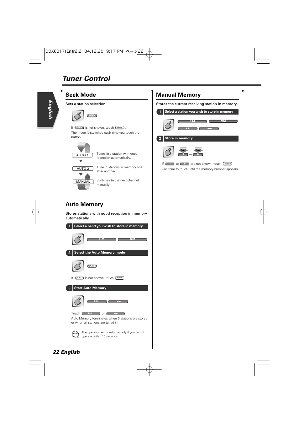 Tuner control, Seek mode, English 22 english | Kenwood DDX6017 User Manual | Page 22 / 92