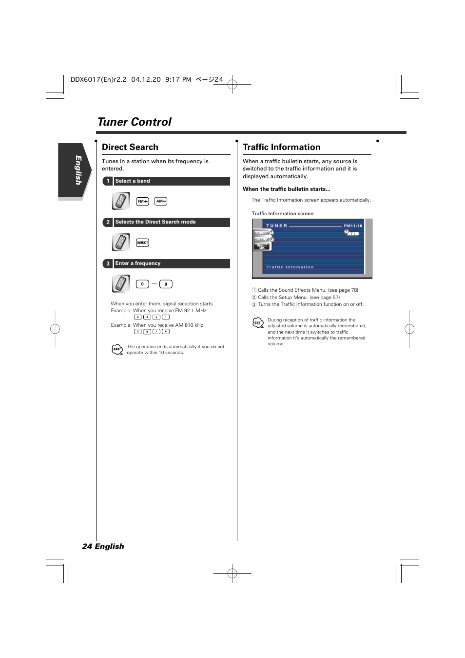 Tuner control, Direct search, Traffic information | English 24 english | Kenwood DDX6017 User Manual | Page 24 / 92