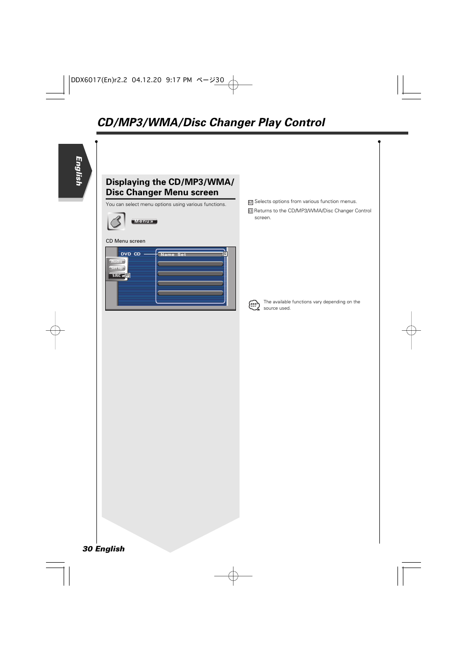 Cd/mp3/wma/disc changer play control, English 30 english | Kenwood DDX6017 User Manual | Page 30 / 92