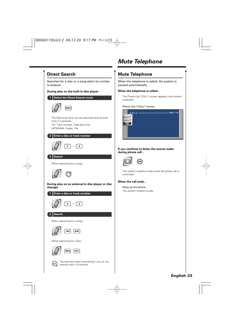Mute telephone, Direct search, English 33 | Kenwood DDX6017 User Manual | Page 33 / 92