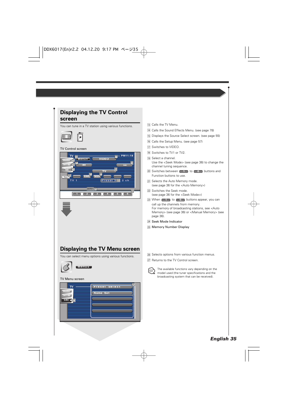 Displaying the tv control screen, Displaying the tv menu screen, English 35 | Kenwood DDX6017 User Manual | Page 35 / 92