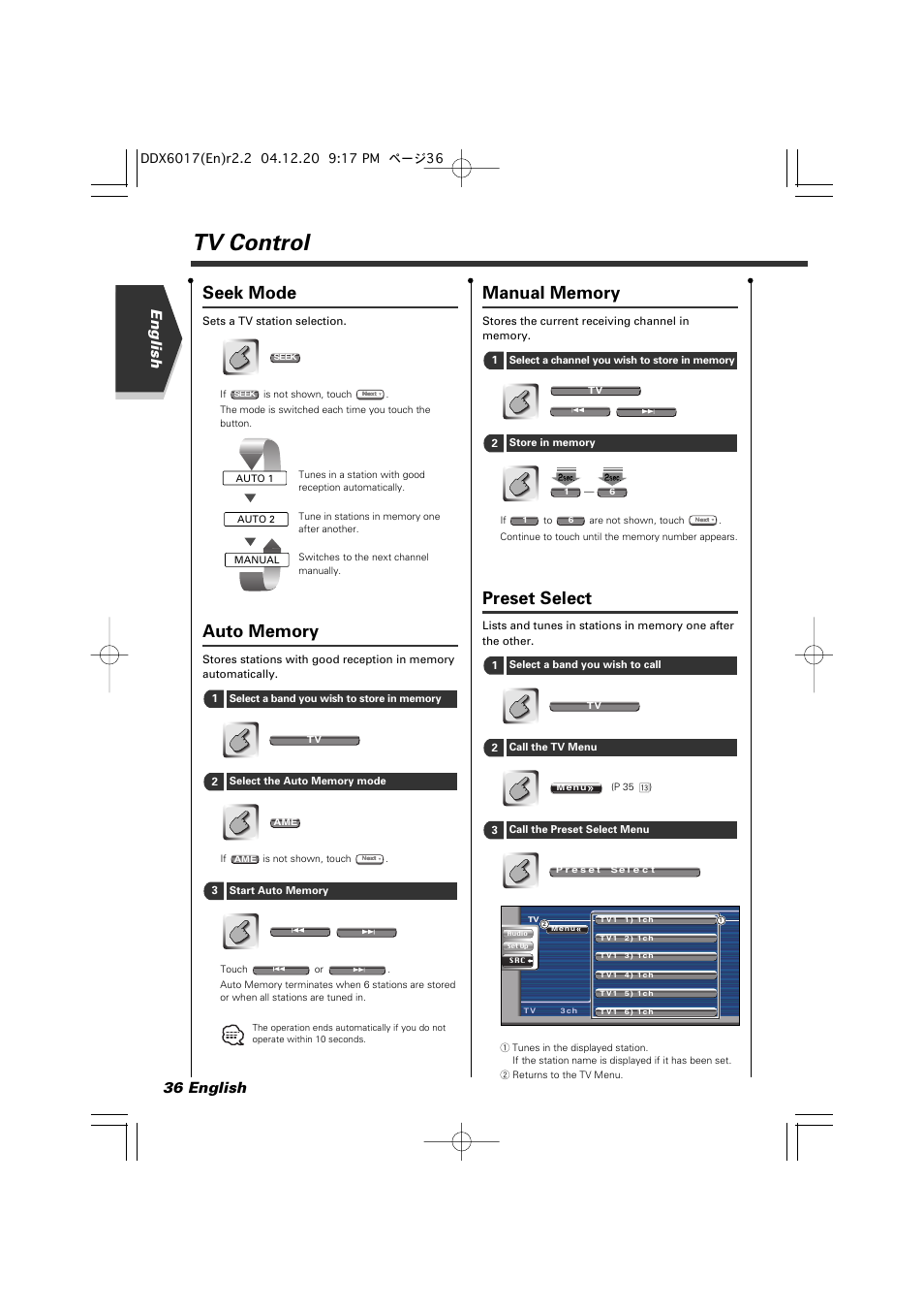 Tv control, Seek mode, Preset select | English 36 english | Kenwood DDX6017 User Manual | Page 36 / 92