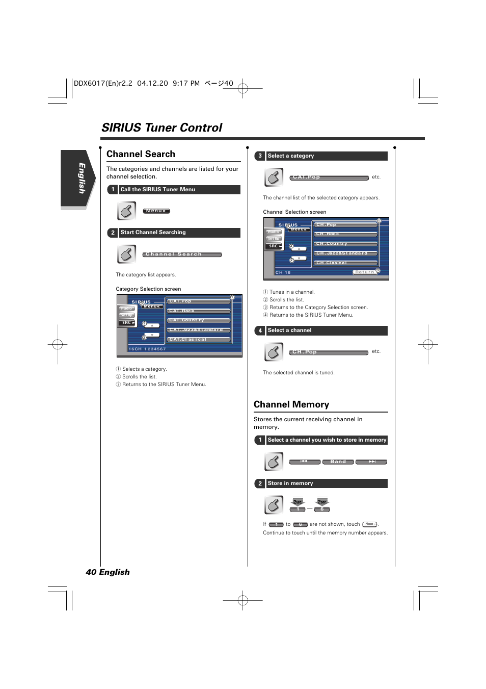 Sirius tuner control, Channel search, English 40 english | Kenwood DDX6017 User Manual | Page 40 / 92