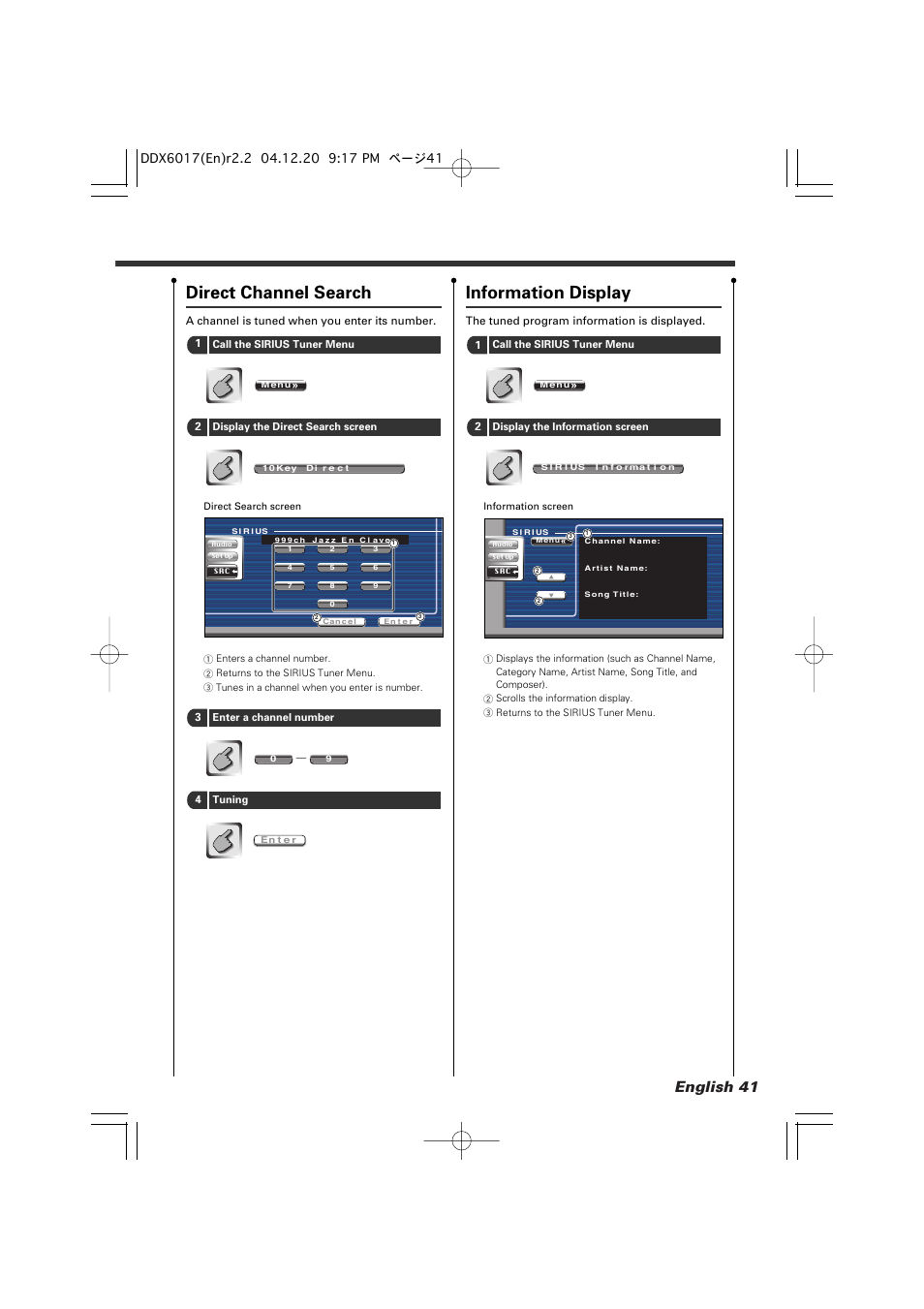 Direct channel search, Information display, English 41 | Kenwood DDX6017 User Manual | Page 41 / 92