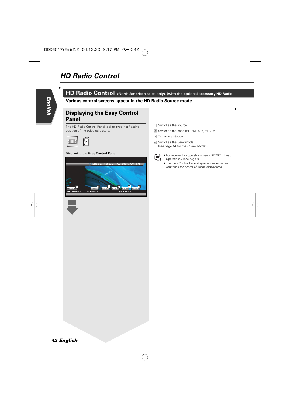 Hd radio control, Displaying the easy control panel, English 42 english | Kenwood DDX6017 User Manual | Page 42 / 92