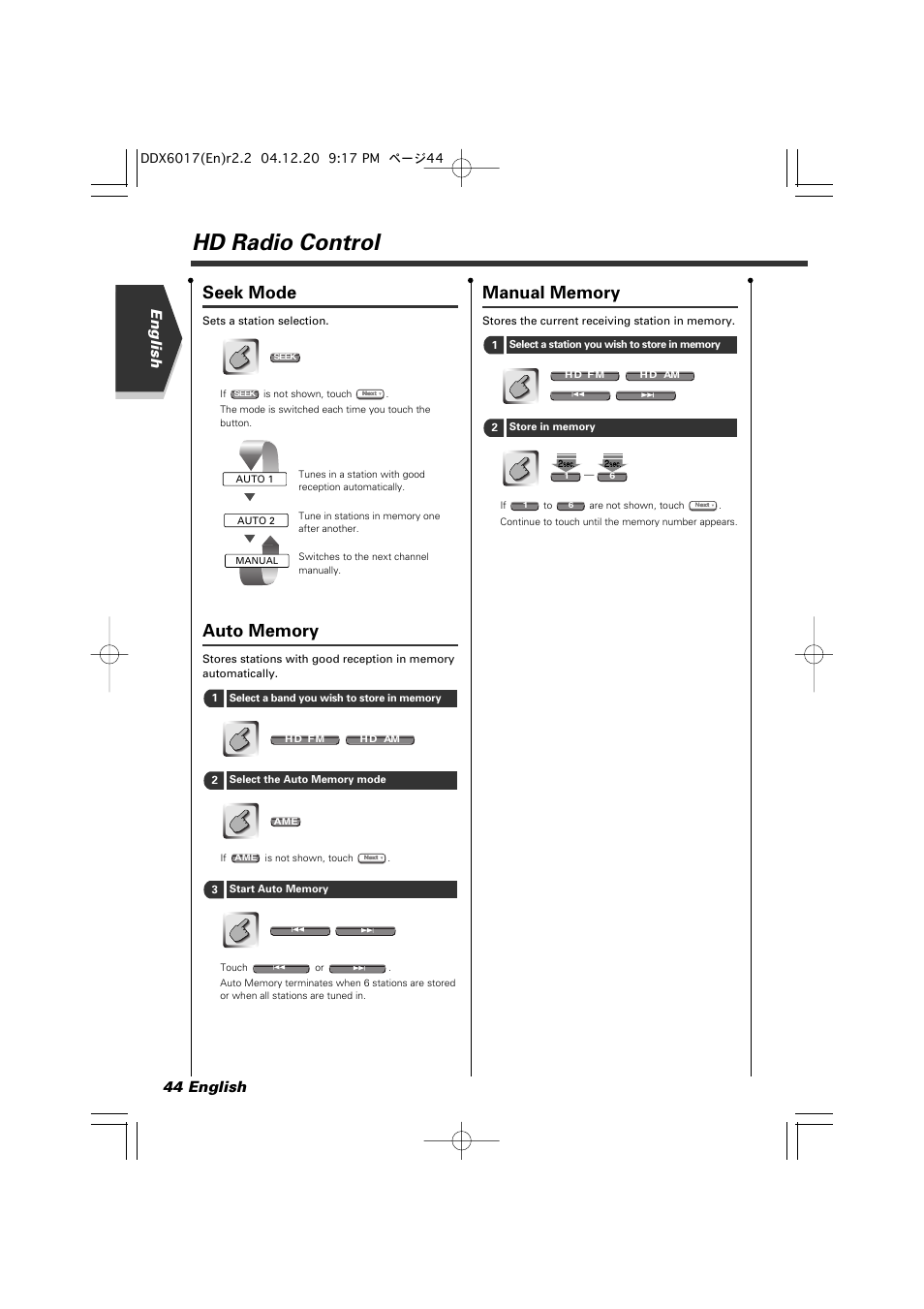 Hd radio control, Seek mode, English 44 english | Kenwood DDX6017 User Manual | Page 44 / 92