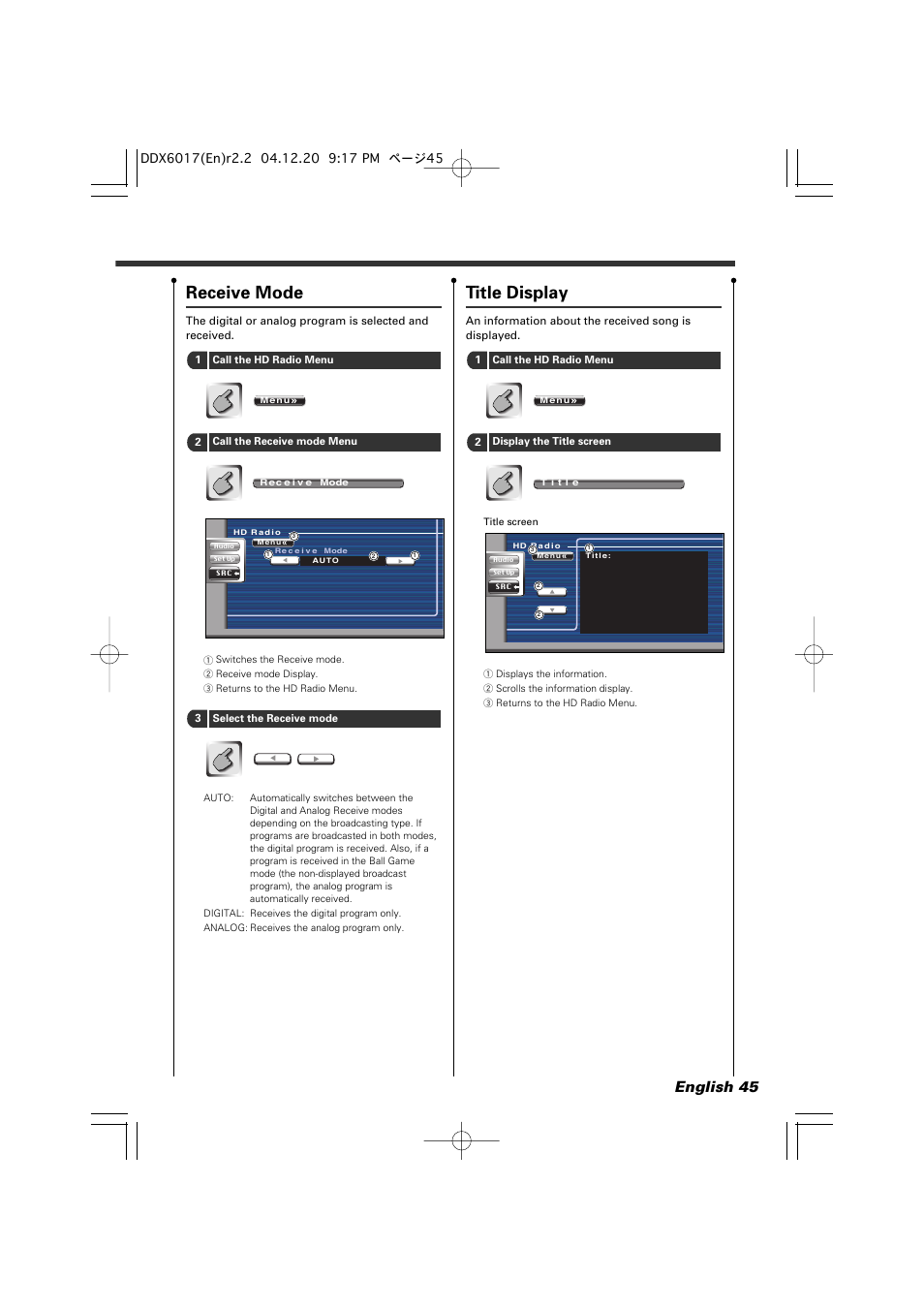 Receive mode, Title display, English 45 | Kenwood DDX6017 User Manual | Page 45 / 92