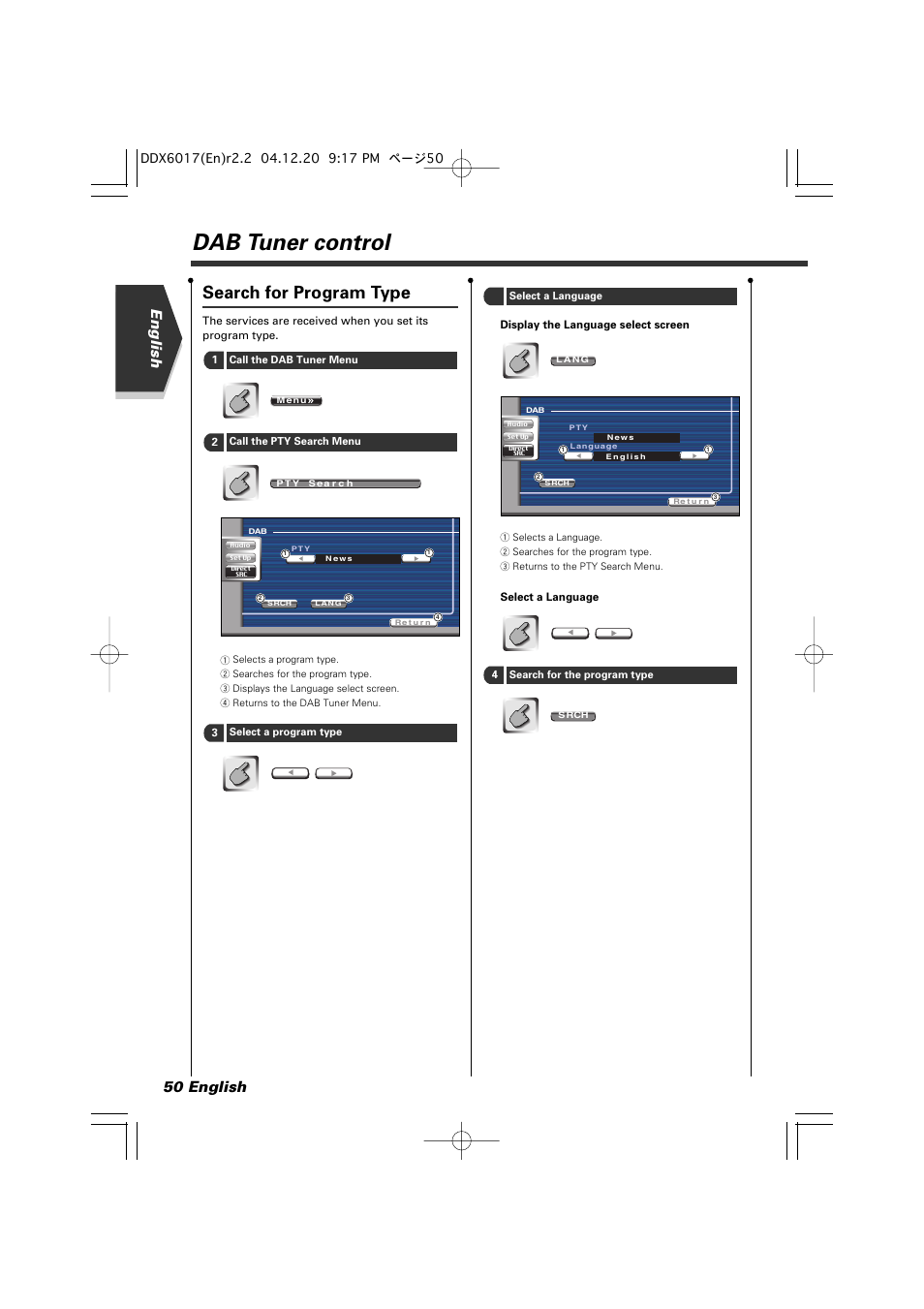 Dab tuner control, Search for program type, English 50 english | Kenwood DDX6017 User Manual | Page 50 / 92