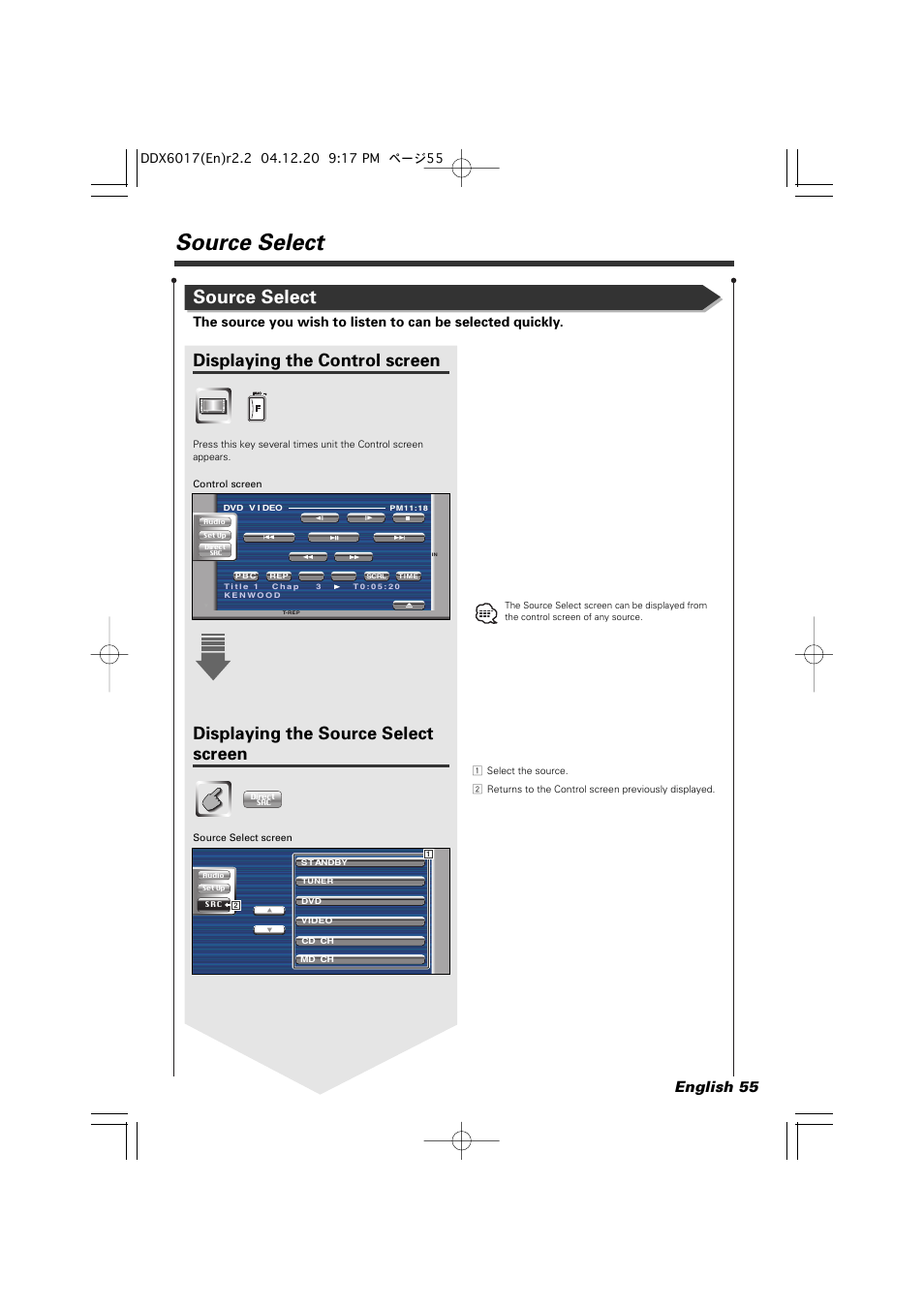Source select, Displaying the control screen, Displaying the source select screen | English 55 | Kenwood DDX6017 User Manual | Page 55 / 92