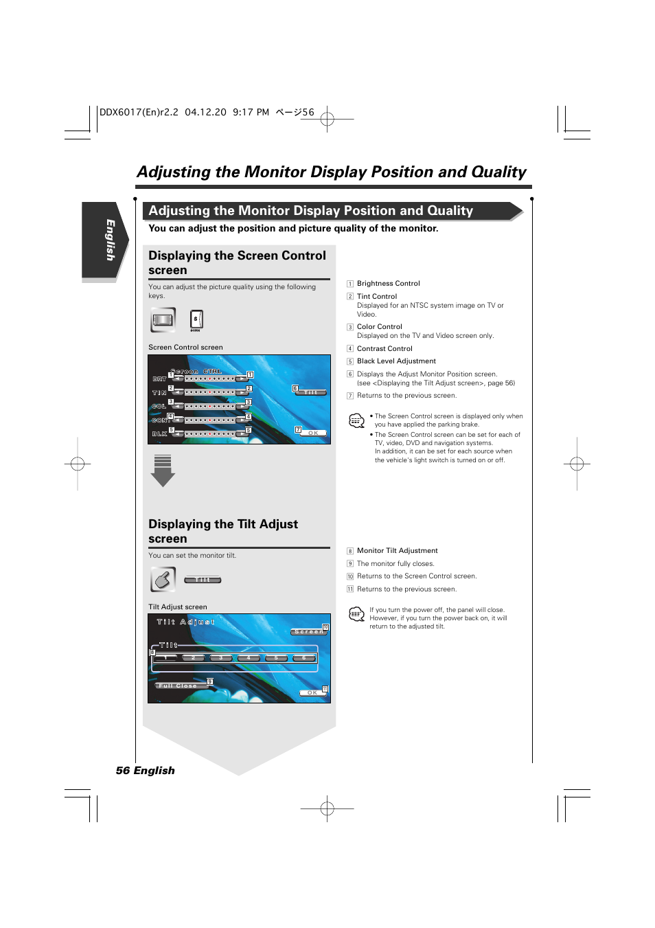 Adjusting the monitor display position and quality, Displaying the screen control screen, Displaying the tilt adjust screen | English 56 english | Kenwood DDX6017 User Manual | Page 56 / 92