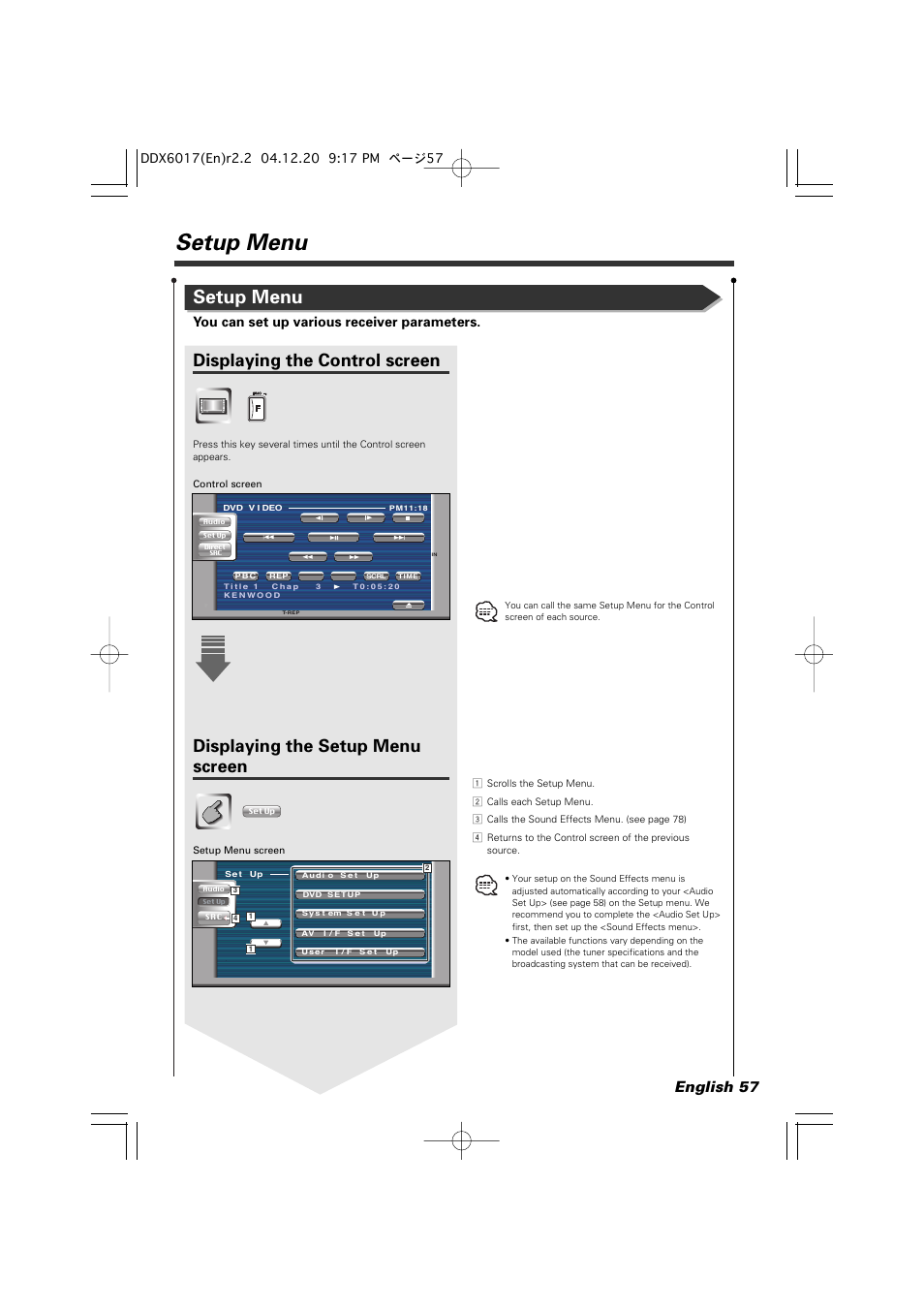 Setup menu, Displaying the control screen, Displaying the setup menu screen | English 57, You can set up various receiver parameters | Kenwood DDX6017 User Manual | Page 57 / 92